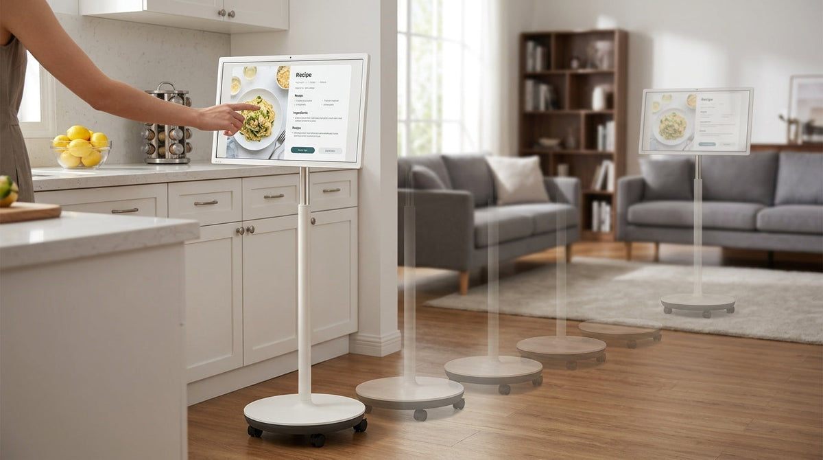 Rolling smart display in a modern home setting with room-to-room flexibility