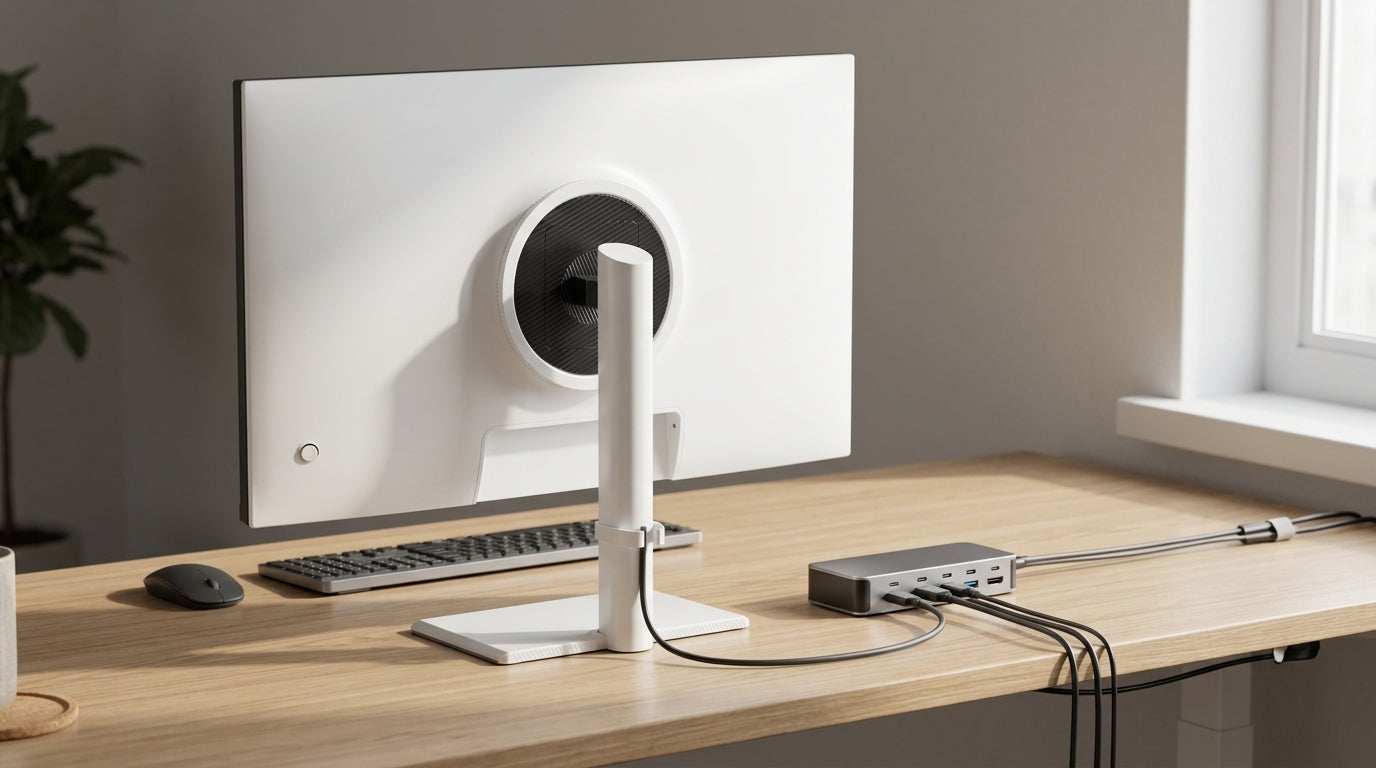A KVM monitor and external dock on a shared work-and-gaming desk