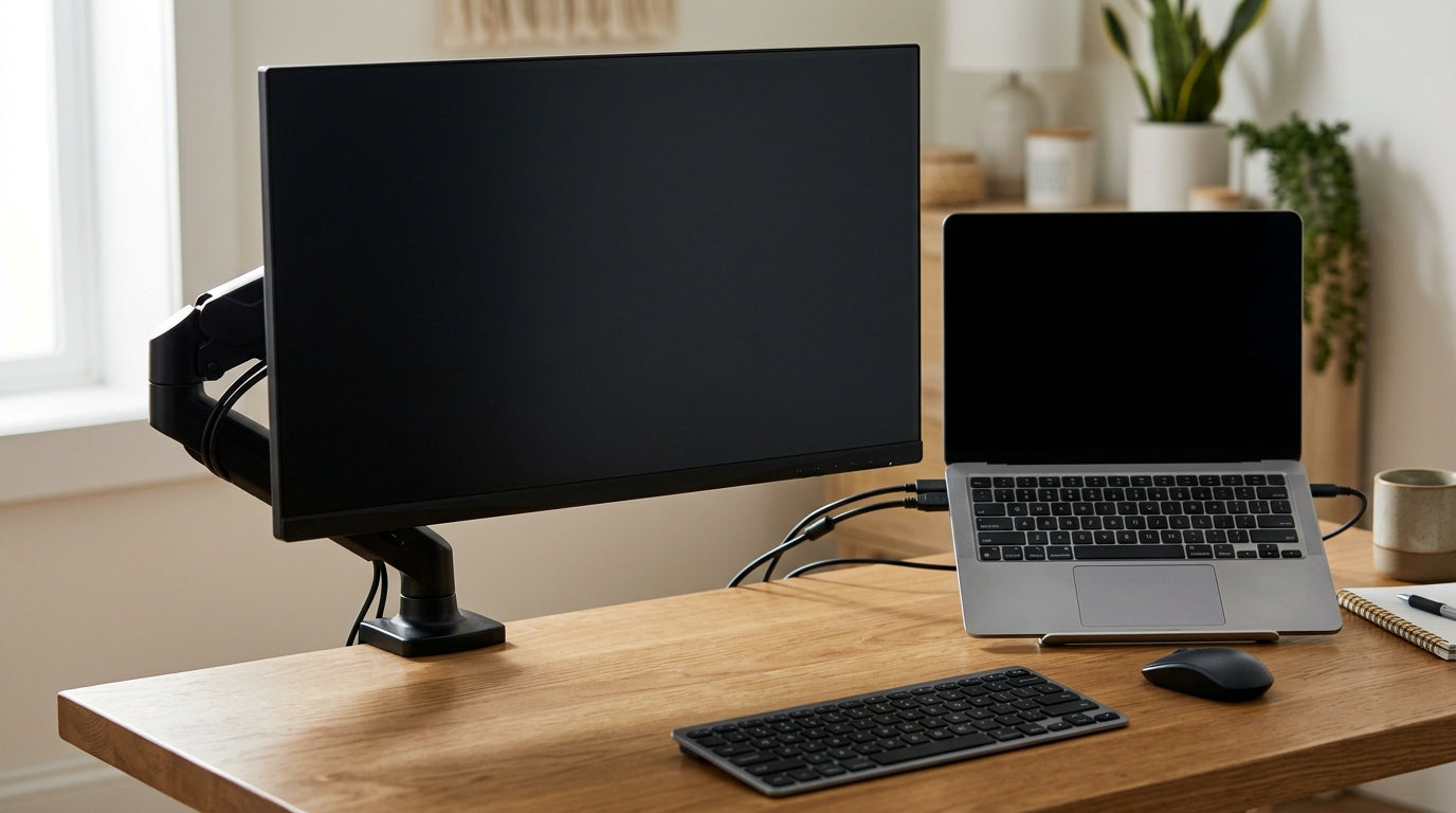 Desktop monitor that fails to wake from sleep beside a laptop on a desk