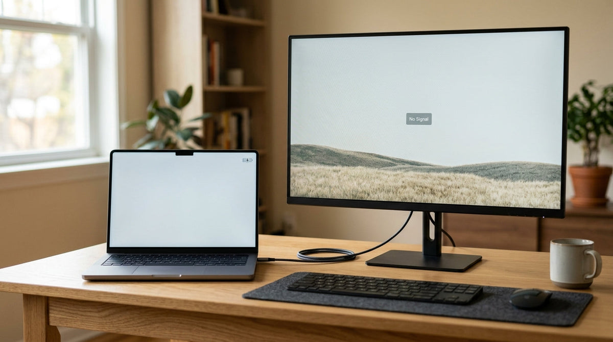 Laptop connected to a USB-C monitor with one cable on a clean desk