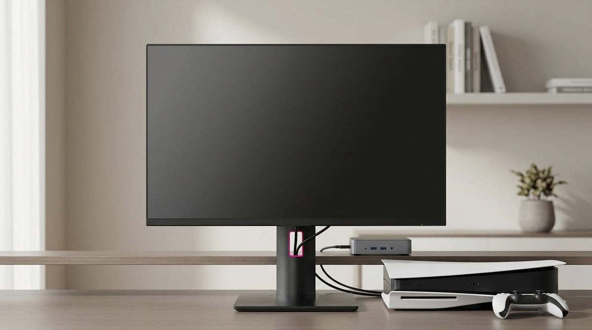 A clean desk with a PS5 console and a 27-inch 4K monitor in a neutral home setup.