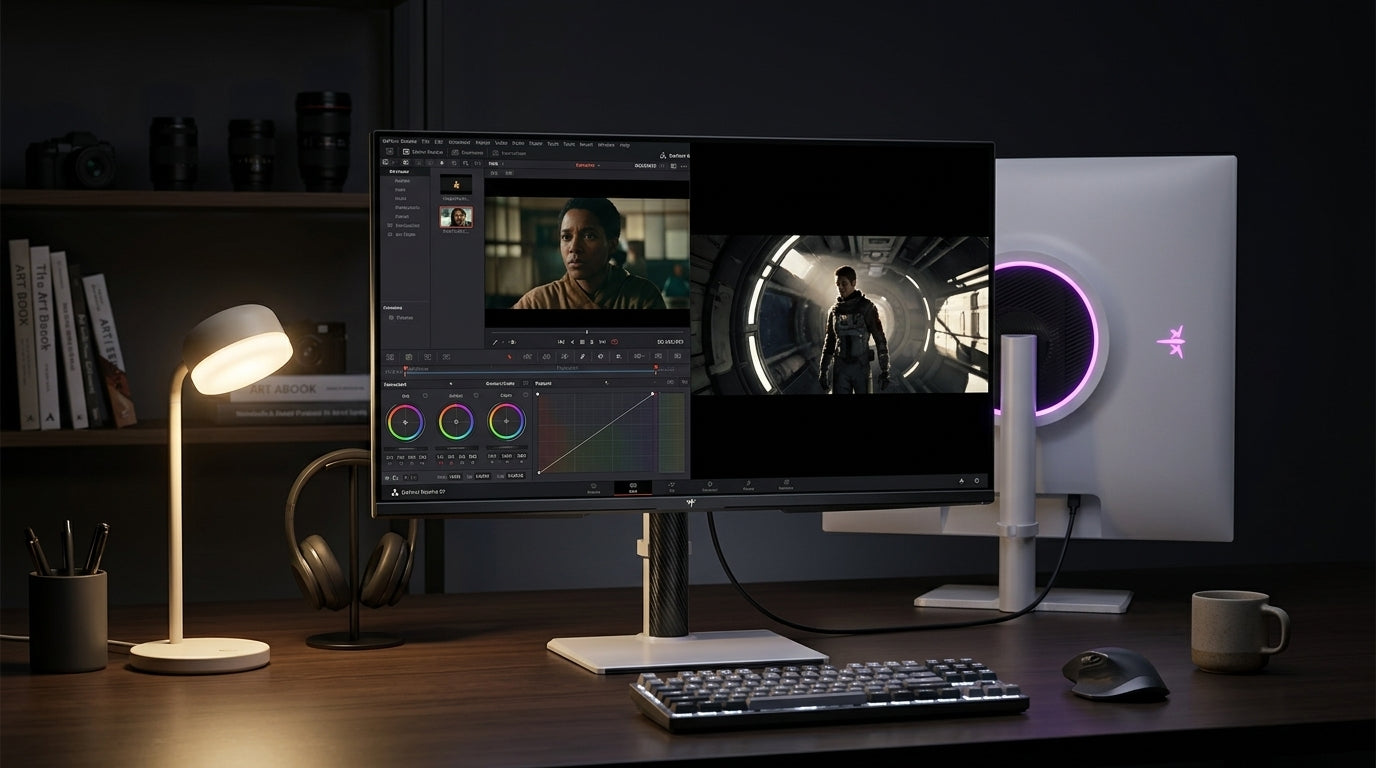 A KTC mini-LED monitor on a nighttime desk with a dark room, photo editing timeline, and a game scene on screen