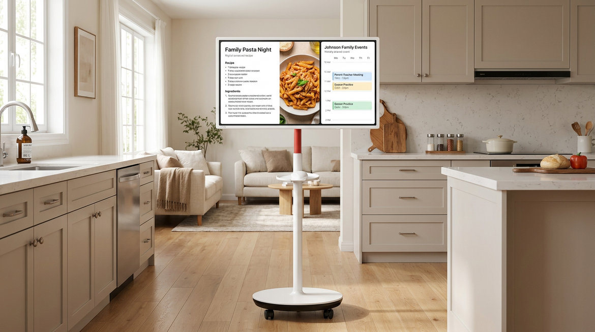 Rolling smart display on a stand in a kitchen and family room