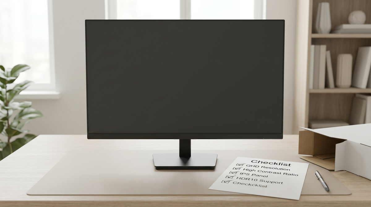 A clean desktop monitor setup with a modern 27-inch display on a neutral desk, showing a buyer-check mindset rather than product hype.