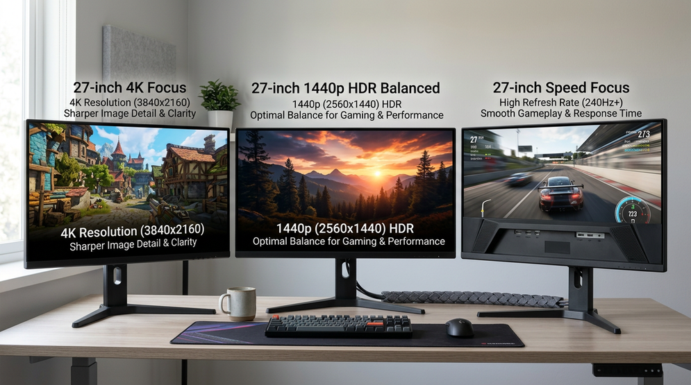 Three 27-inch Mini-LED gaming monitors shown side by side in a comparison layout