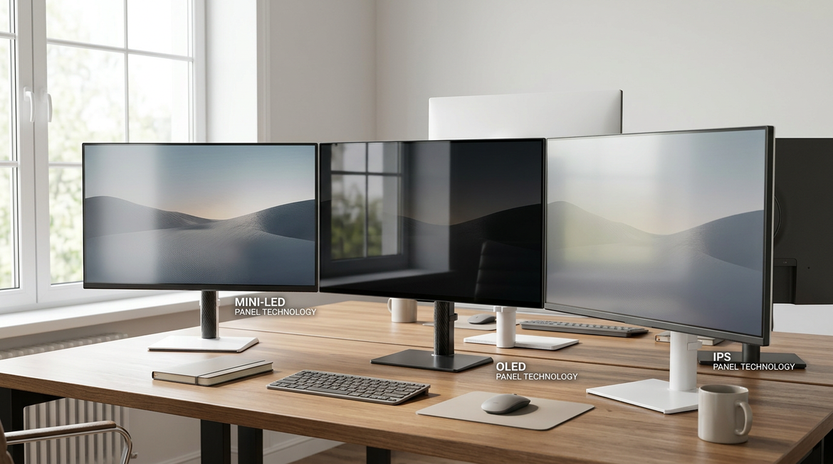 Bright-room monitor comparison on a desk with window light, showing OLED, Mini-LED, and IPS panels side by side
