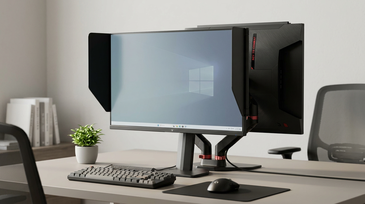 KTC 27M1 gaming monitor on a desk with side shields and a clean setup