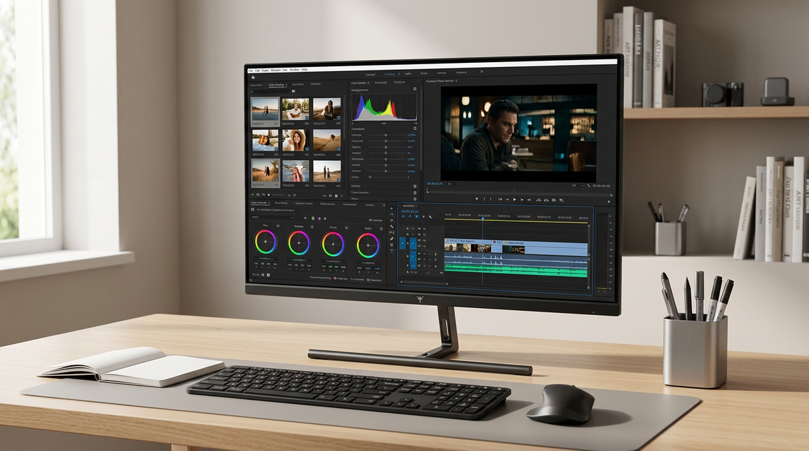A 27-inch creator monitor on a clean desk with photo and video editing windows
