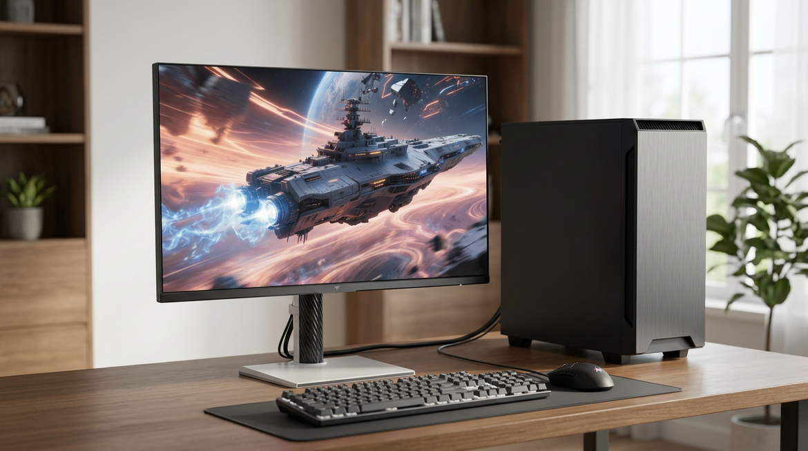 A 27-inch value gaming monitor on a clean desk with a PC tower, keyboard, and simple home-office setup
