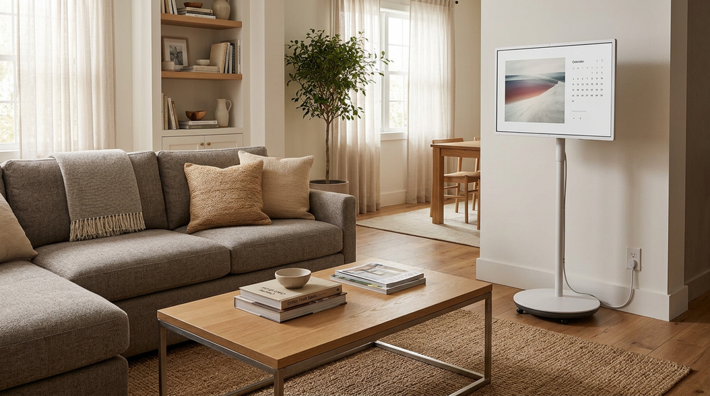 Rolling smart display parked beside a family room seating area