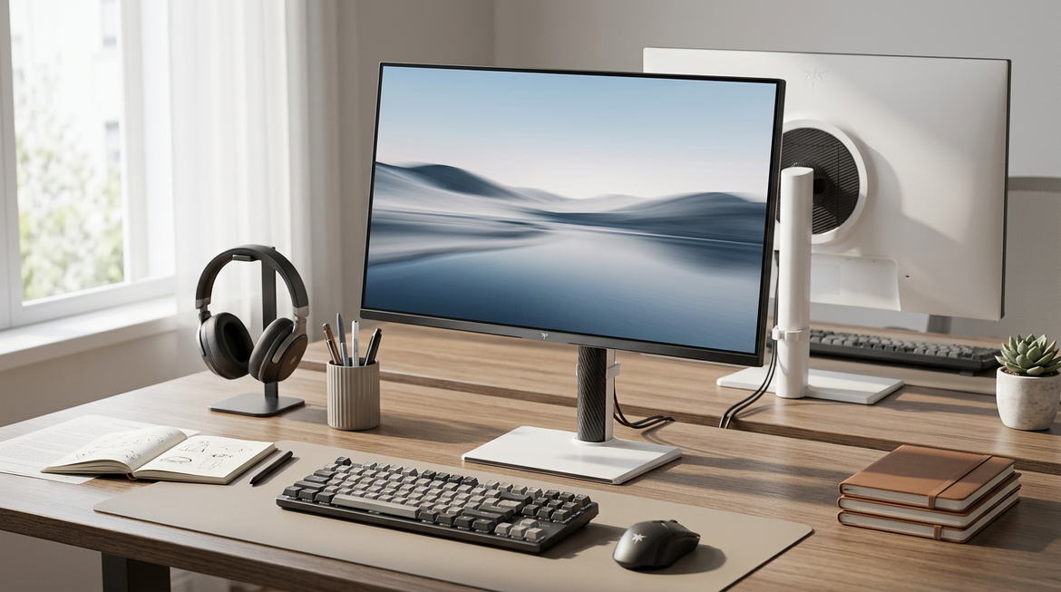A monitor setup with gaming, office, and creator work on the same desk