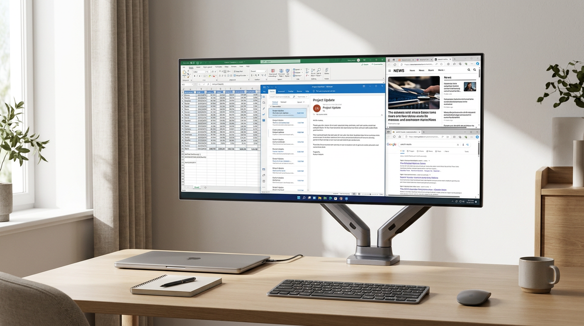 OLED monitor on a clean office desk with spreadsheets and browser windows