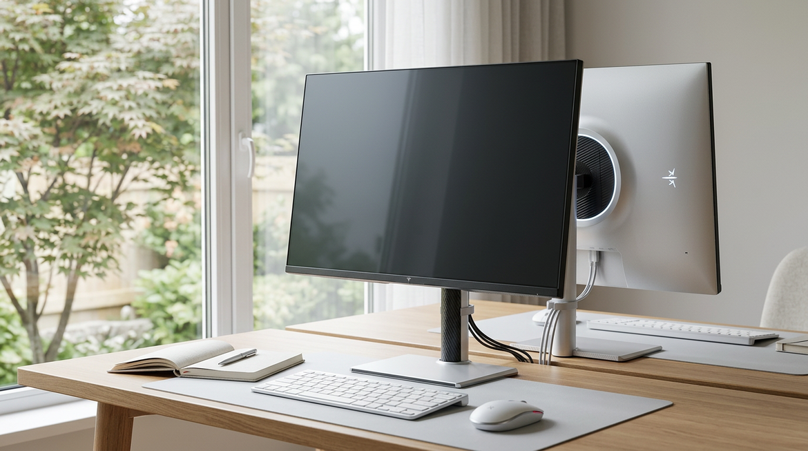 Bright home office desk with a Mini-LED monitor near a window