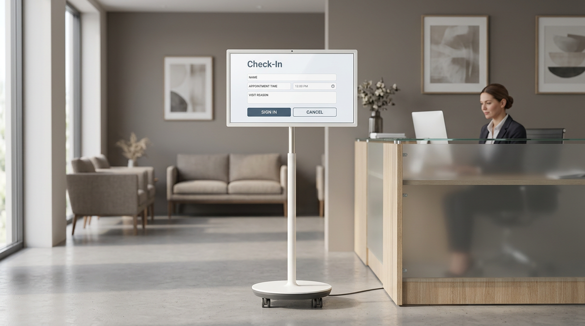 Portable smart display on a rolling stand in a small business reception area