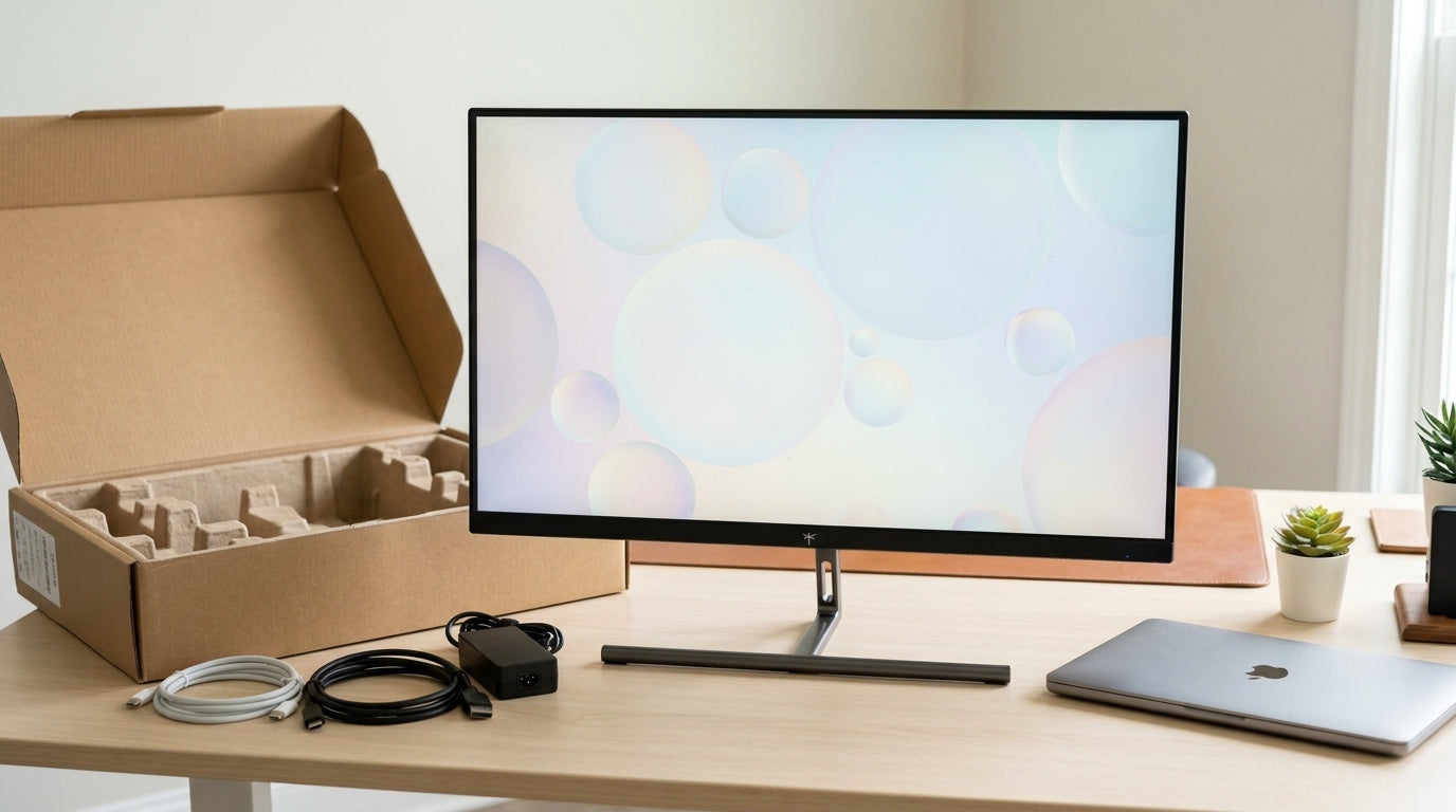 A factory-direct monitor on a clean desk beside its packaging and cables