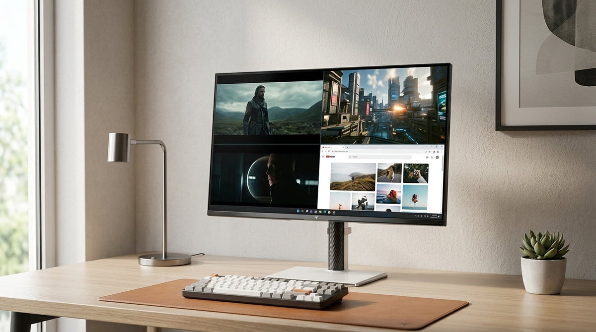 Mini-LED monitor showing HDR content beside a desktop window and game HUD