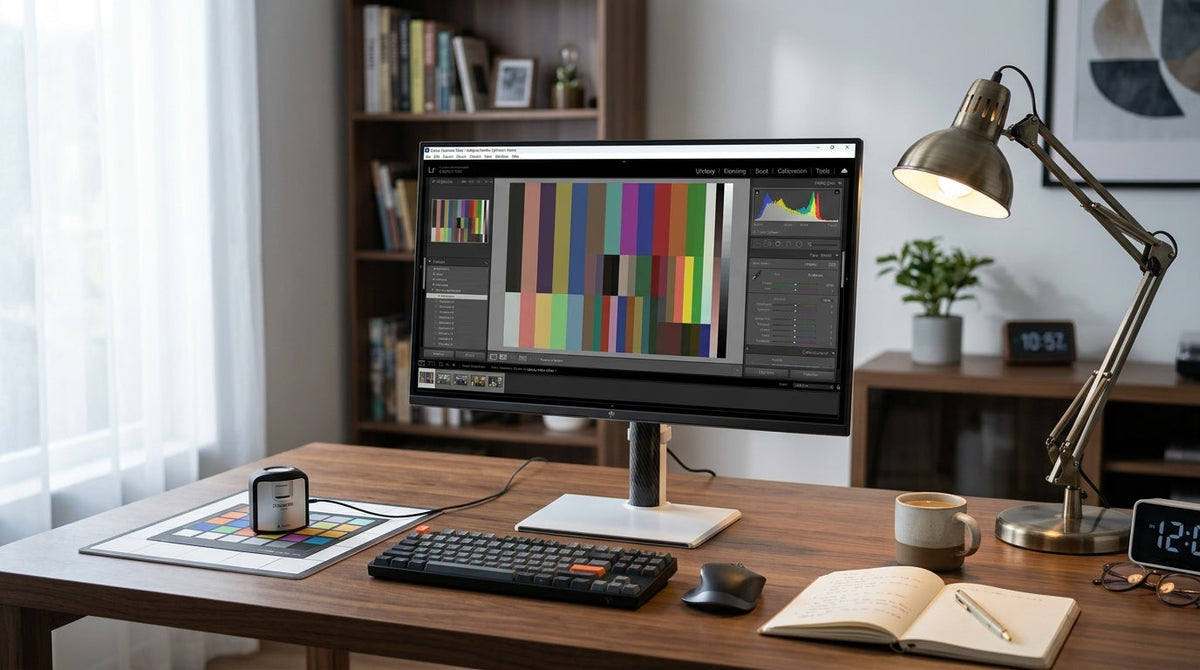 A Mini-LED monitor on a hybrid desk with daylight and lamp lighting