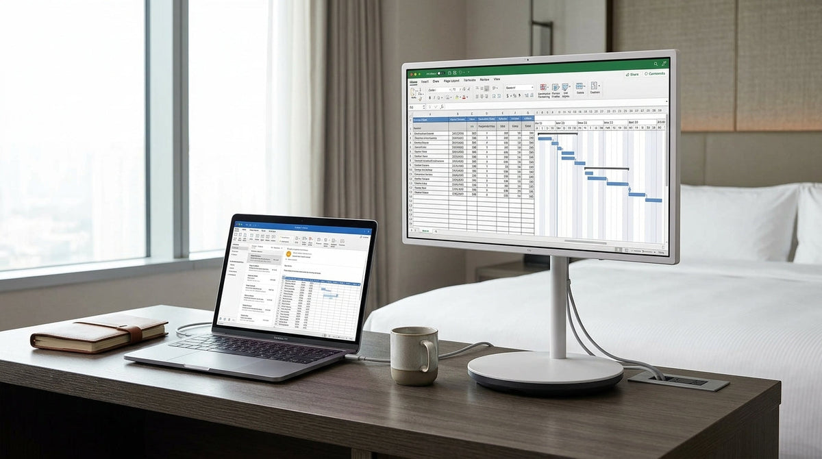A MacBook beside a large portable smart display on a hotel desk