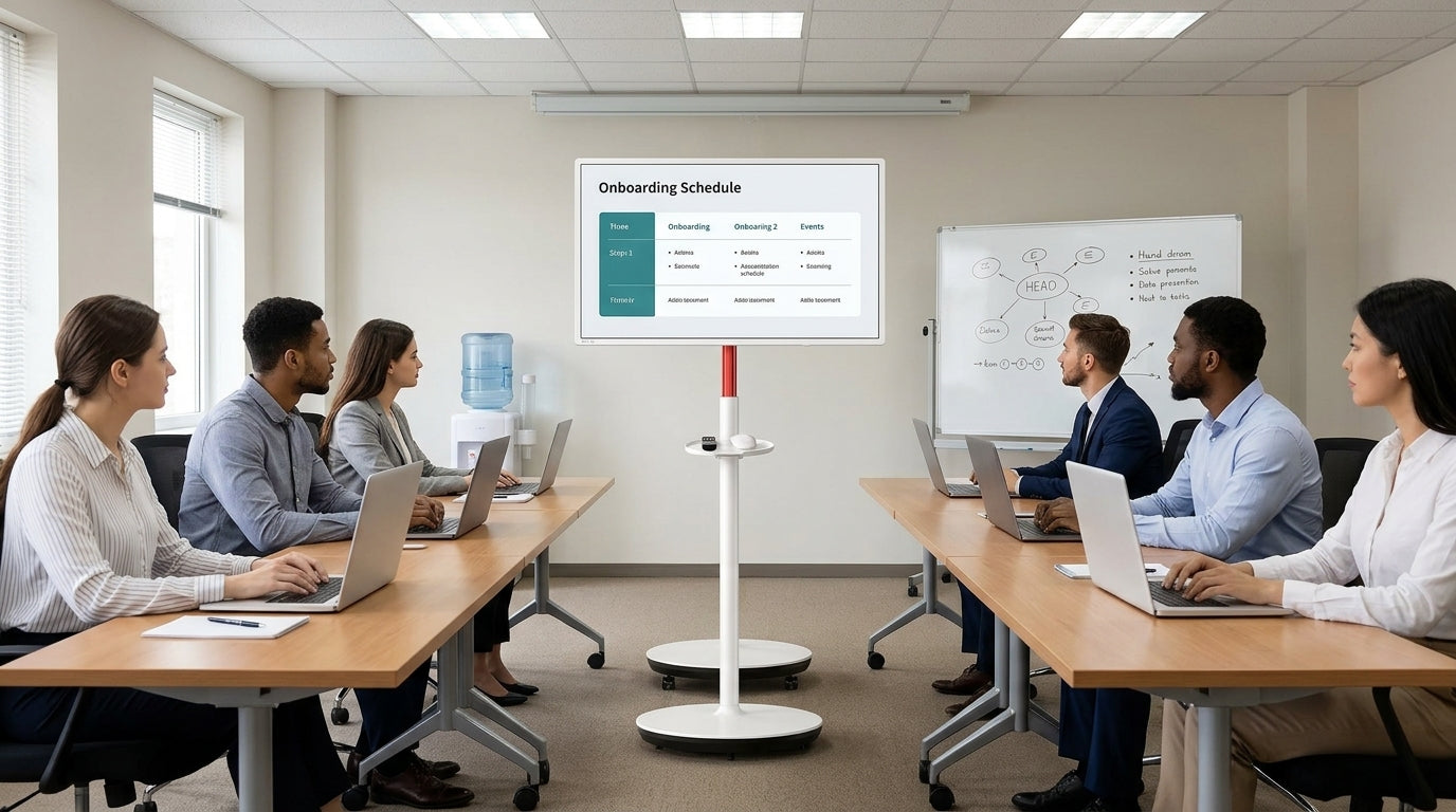 A rolling smart display on a wheeled stand in a corporate training room with tables and a meeting setup
