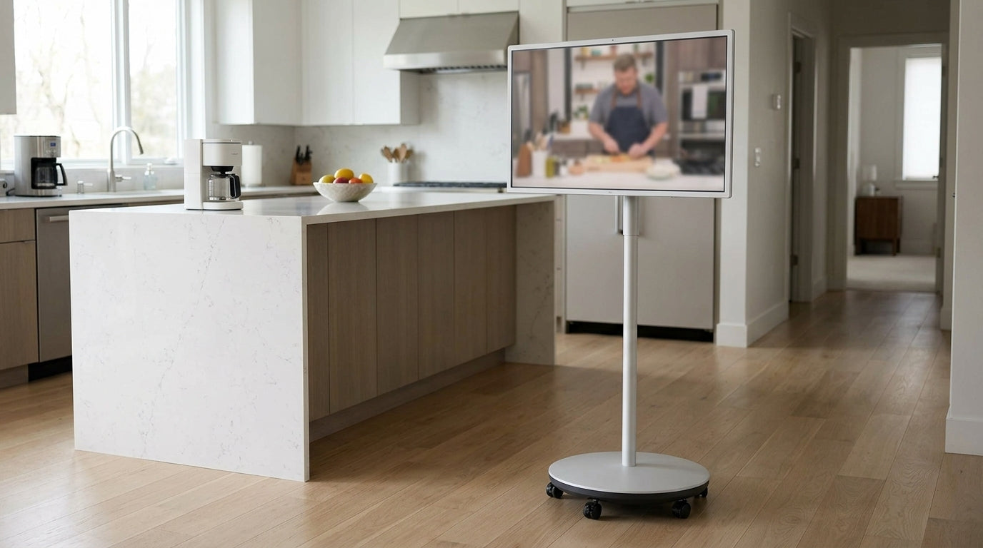 Portable smart display in a home setting with a kitchen island and living space nearby