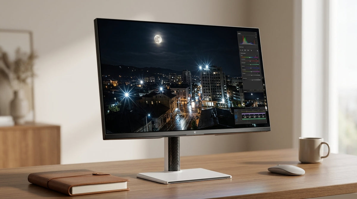 A 27-inch HDR monitor on a clean desk with a movie scene and photo editing window
