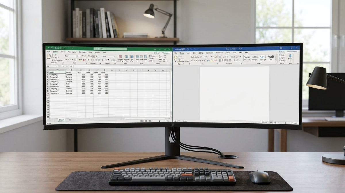 Curved ultrawide monitor on a home-office desk with side-by-side work windows