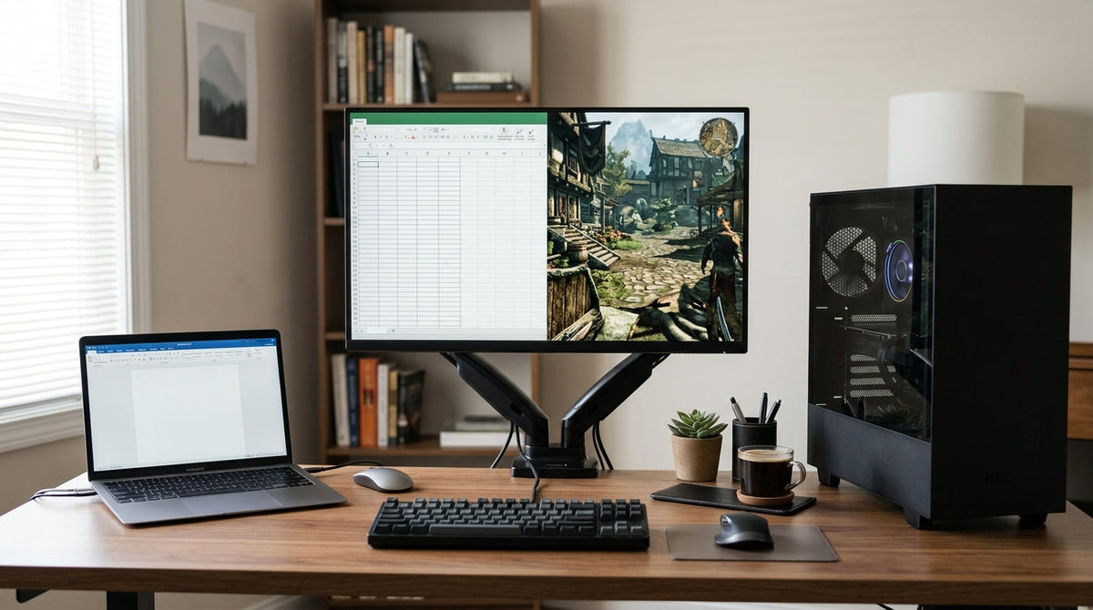 Hybrid monitor on a home office desk with a laptop and gaming PC setup