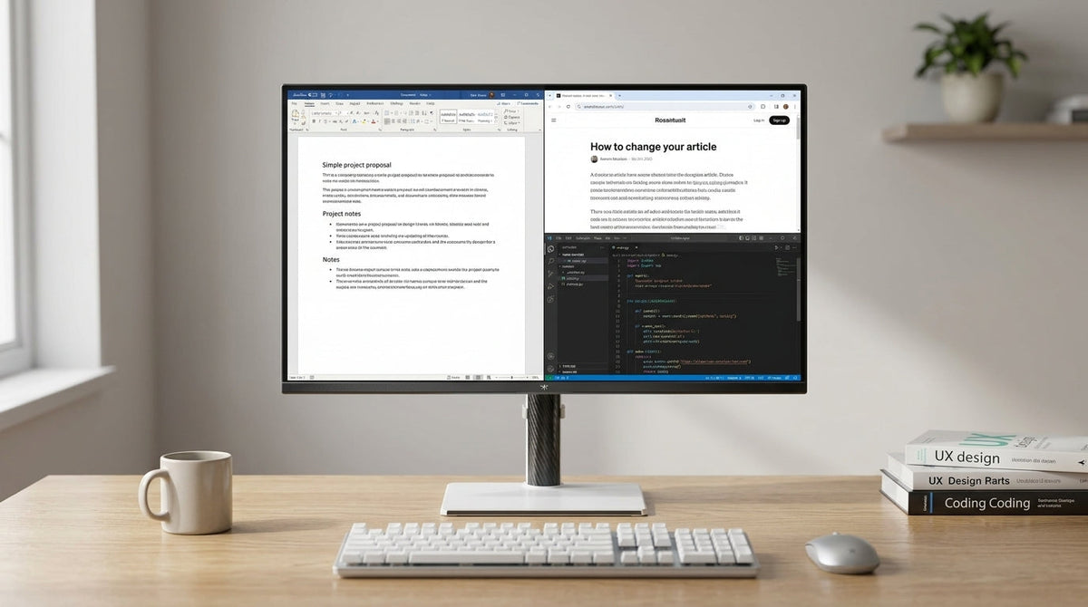 Mini-LED monitor on a productivity desk with split windows and dark-mode apps