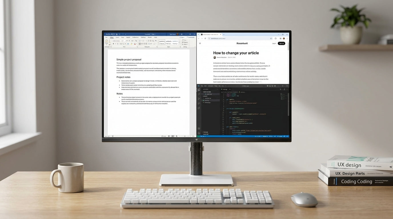 Mini-LED monitor on a productivity desk with split windows and dark-mode apps