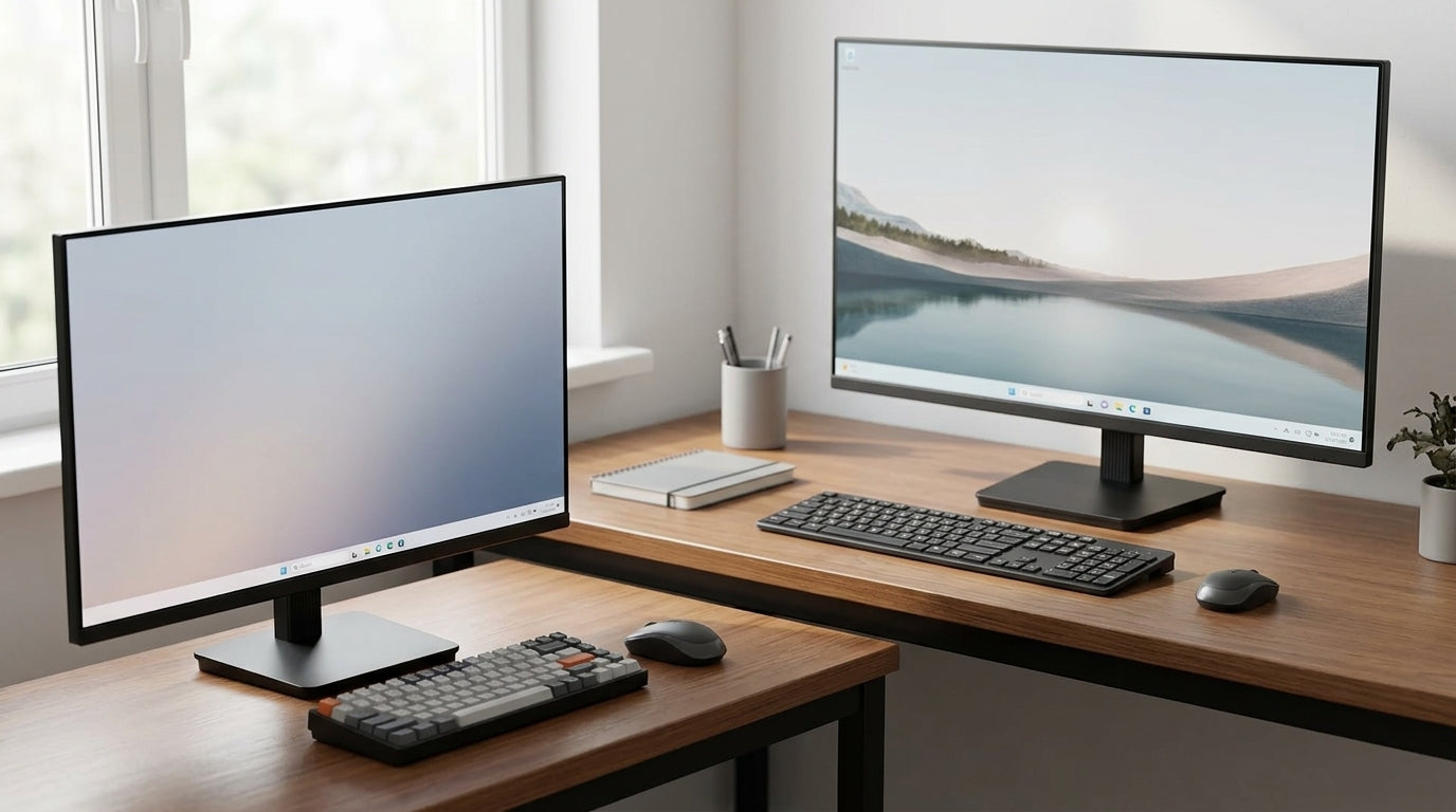 Desk setup comparing 27-inch and 32-inch monitors at different viewing distances