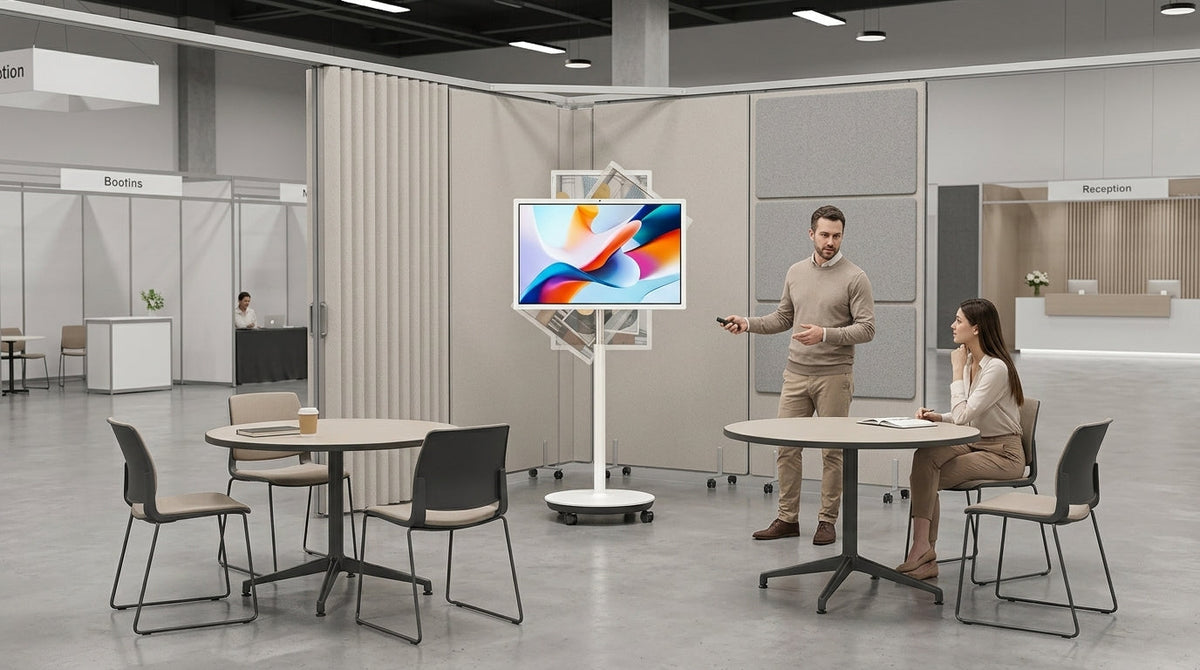 Rolling smart display on wheels in a pop-up event space with presenters nearby