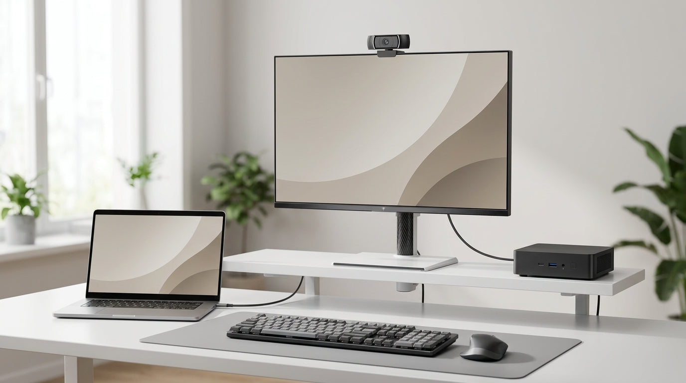 A tidy hybrid desk with a laptop and desktop sharing one monitor, keyboard, mouse, and webcam through a USB-C KVM setup.