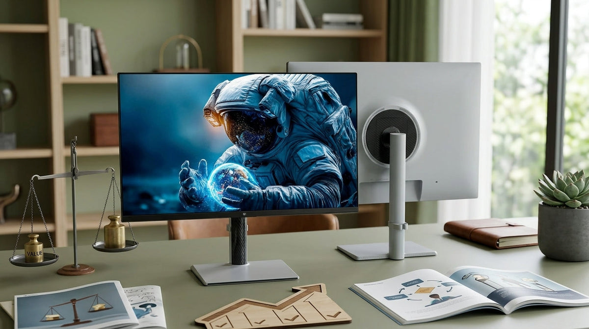 Clean desk scene showing a monitor choice framed as a value-versus-premium decision.