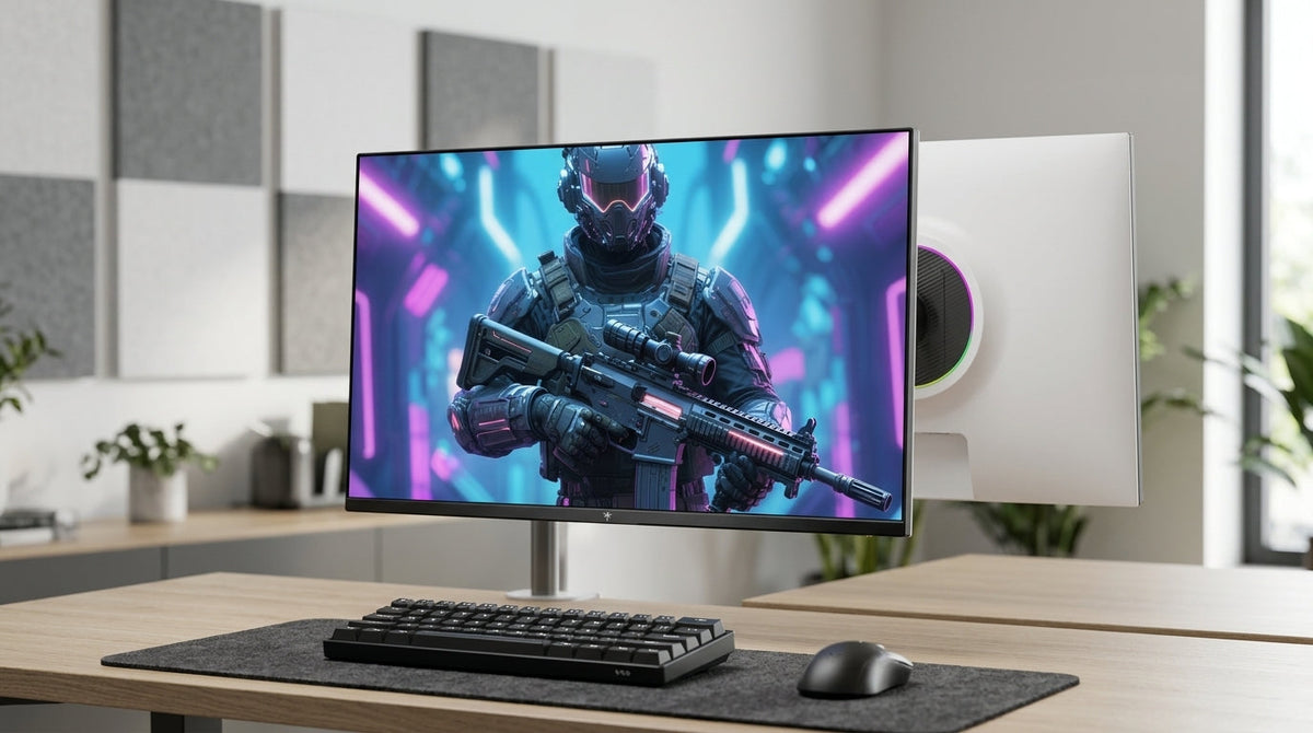 KTC 27-inch Mini-LED gaming monitor on a desk with a bright HDR image and a clean modern setup