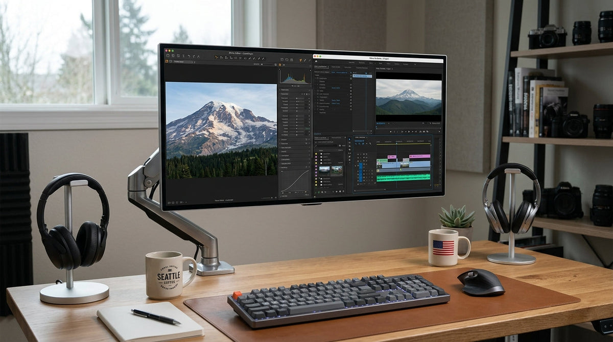 Color-accurate editing monitor beside photo and video timelines