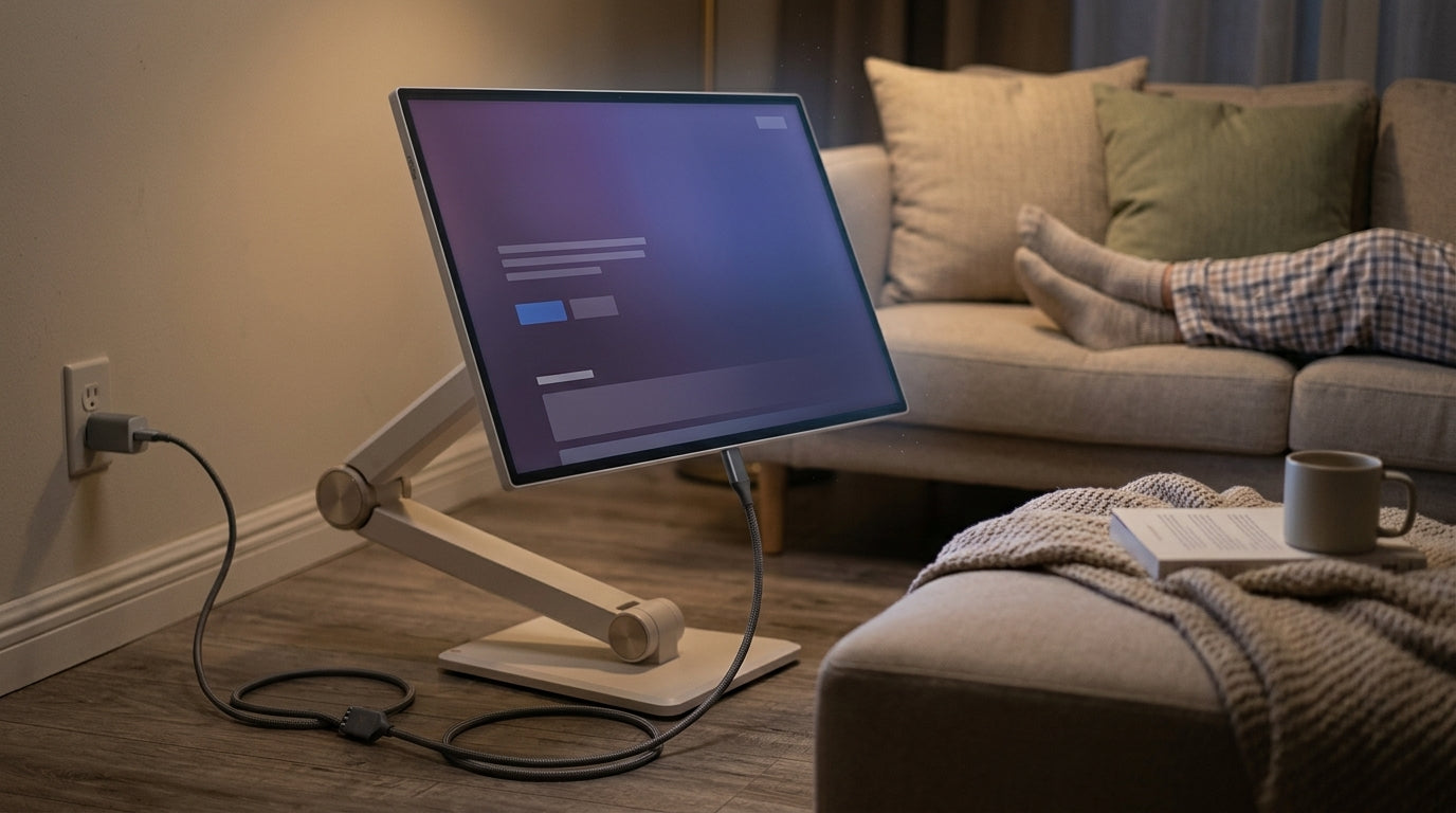 A 25-inch MegPad on a rolling stand in a living room, with a streaming app open and a charger nearby