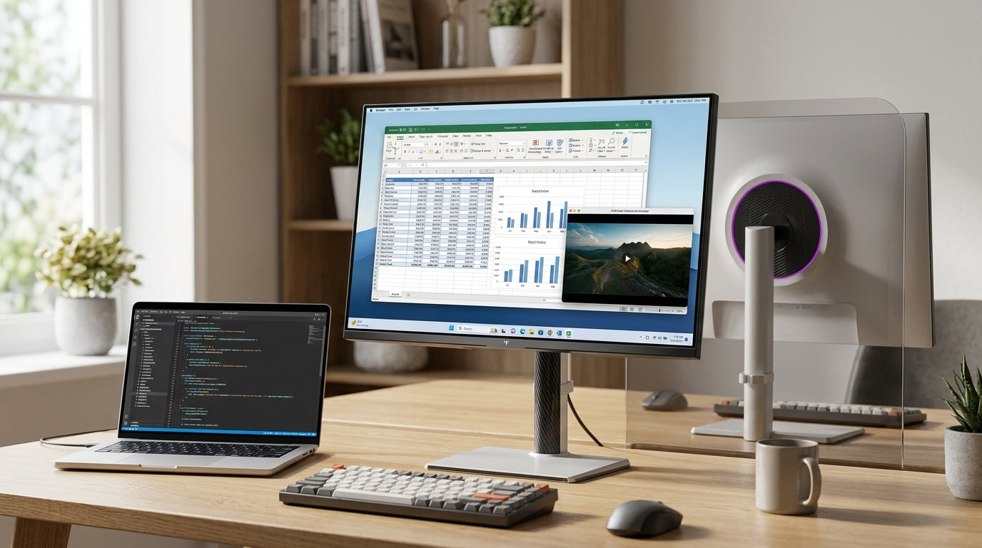 Mini-LED monitor on a clean desk beside a laptop and a document window