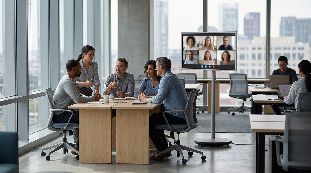 Hybrid office with a rolling smart display beside shared desks and a small collaboration area.