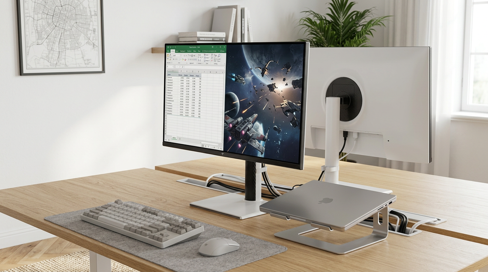 A clean mixed-use desk with a monitor showing spreadsheets on one side and a game on the other