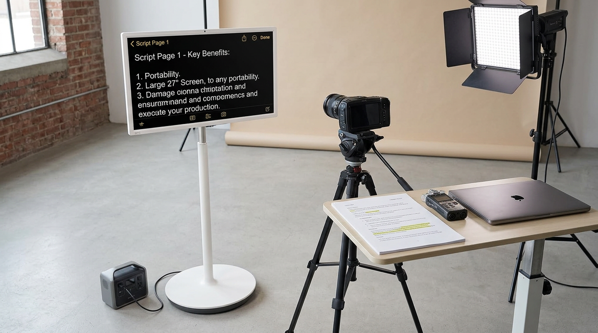 MegPad on-location creator workflow setup with a mobile display on a rolling stand