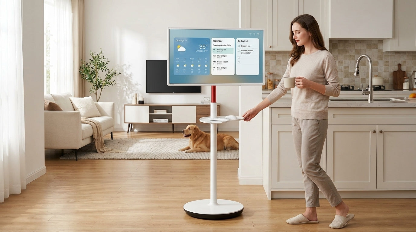 Rolling smart display on wheels in a bright home with shared room use