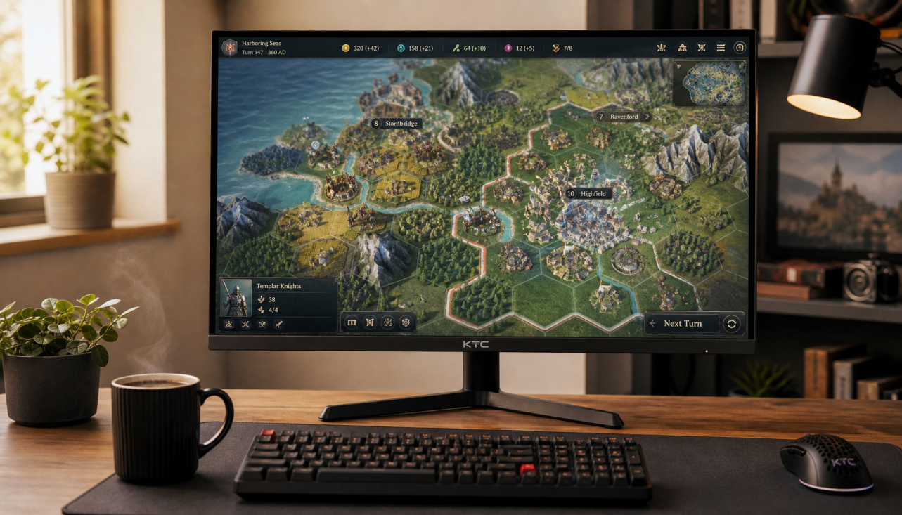 A 32-inch gaming monitor on a clean desk displaying a detailed turn-based strategy map with clear city labels and unit icons