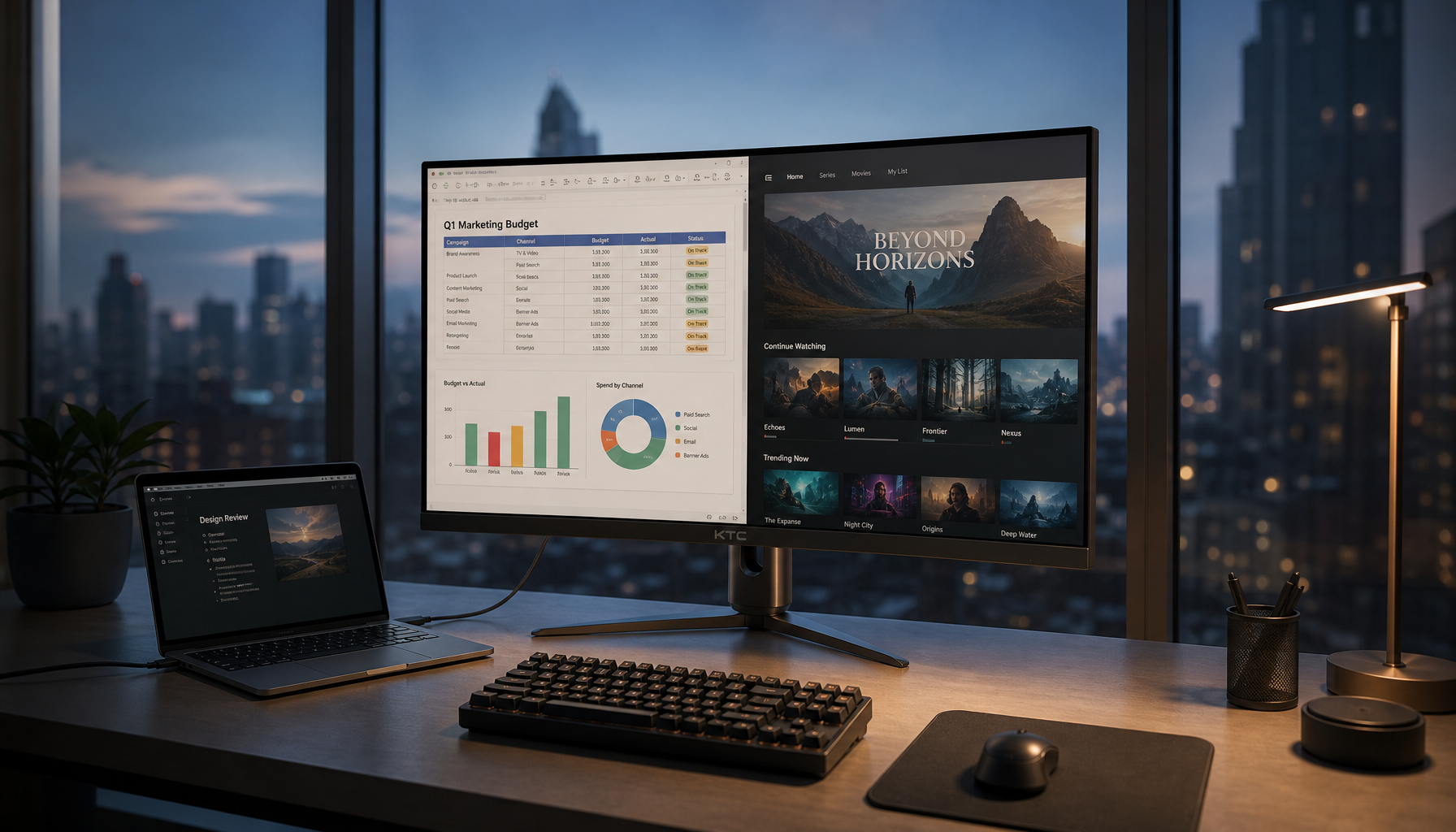 A large 4K hybrid display on a home office desk showing both PC work and streaming content while a laptop is connected via USB-C