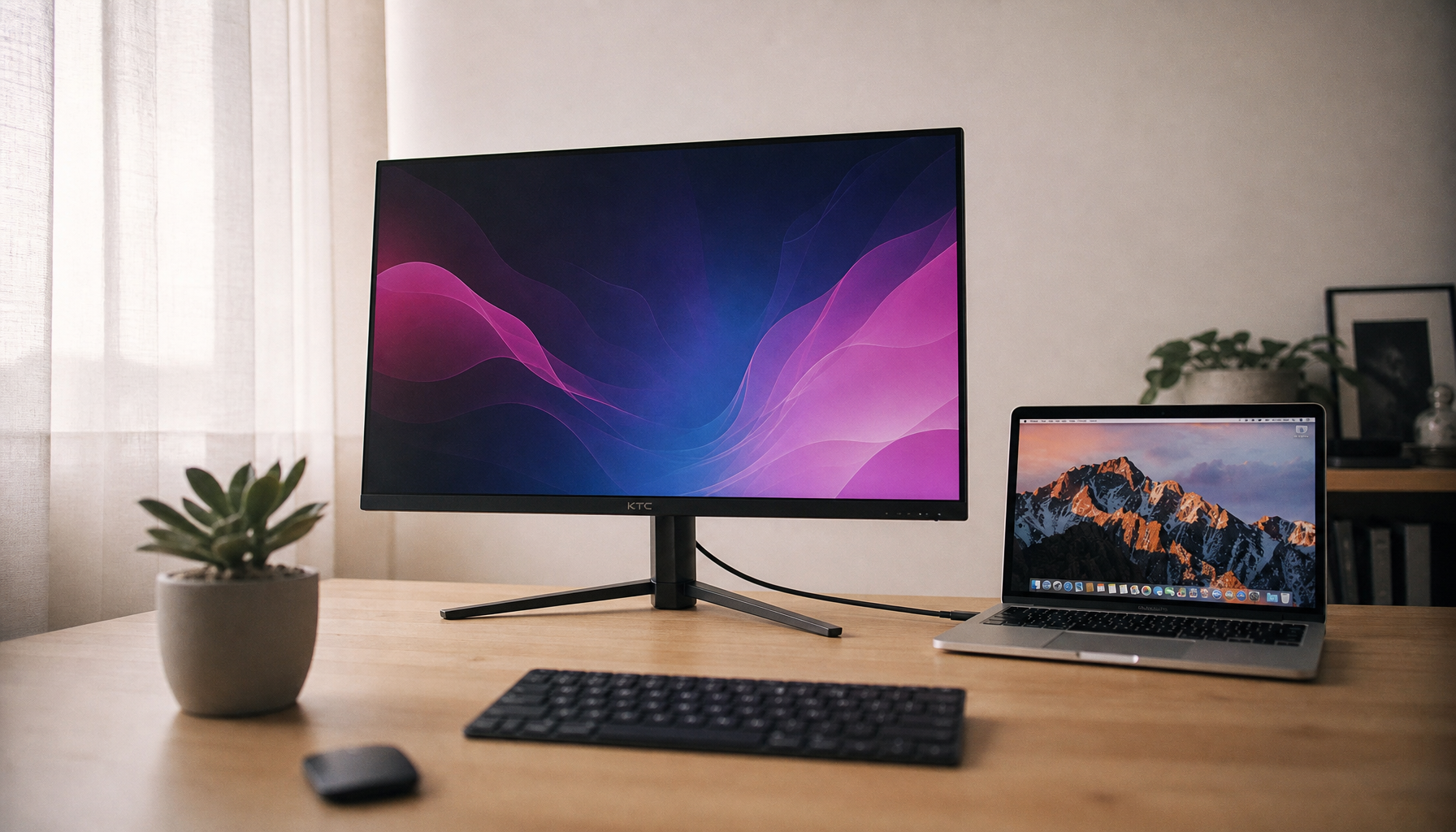 A modern USB-C monitor connected to an older laptop via a DisplayPort cable on a clean home office desk
