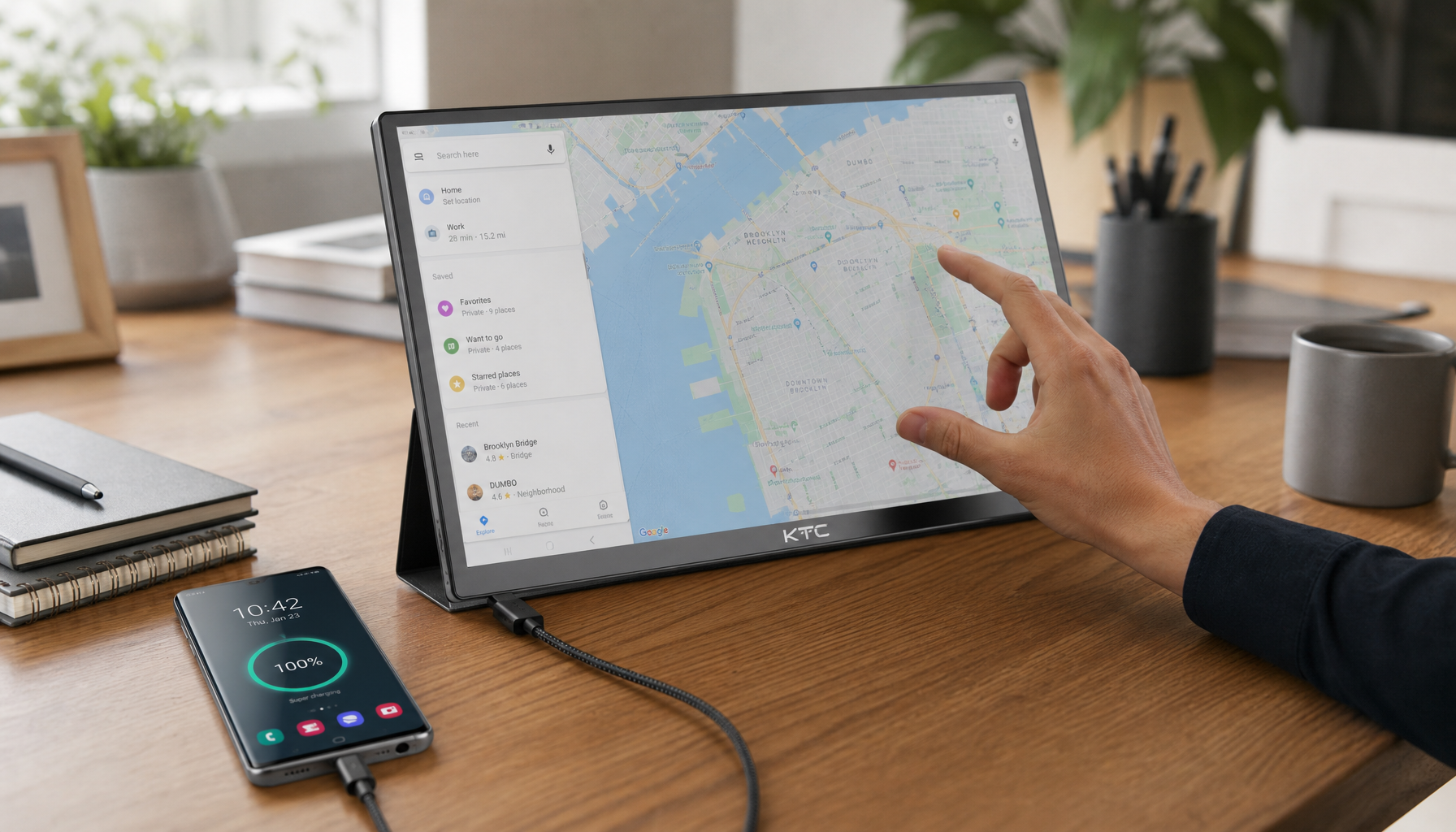 Android phone connected to a portable touchscreen monitor with a hand performing a pinch-to-zoom gesture on the display