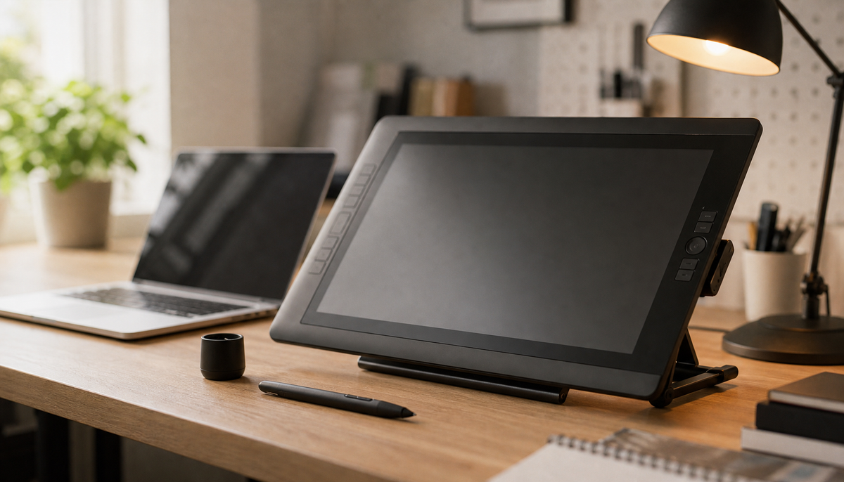 Artist’s studio desk with pen display tablet, stylus, and laptop in soft morning light