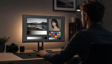 Calibrated monitor in a controlled ambient lighting setup for accurate color work