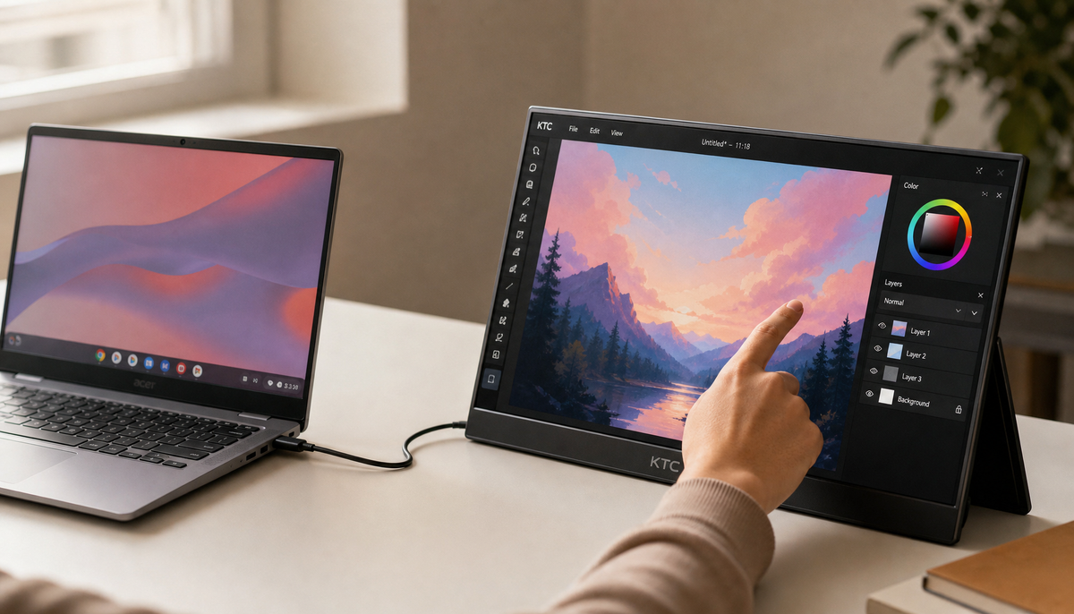 Chromebook laptop connected to a KTC portable touchscreen monitor with a single USB-C cable on a clean desk
