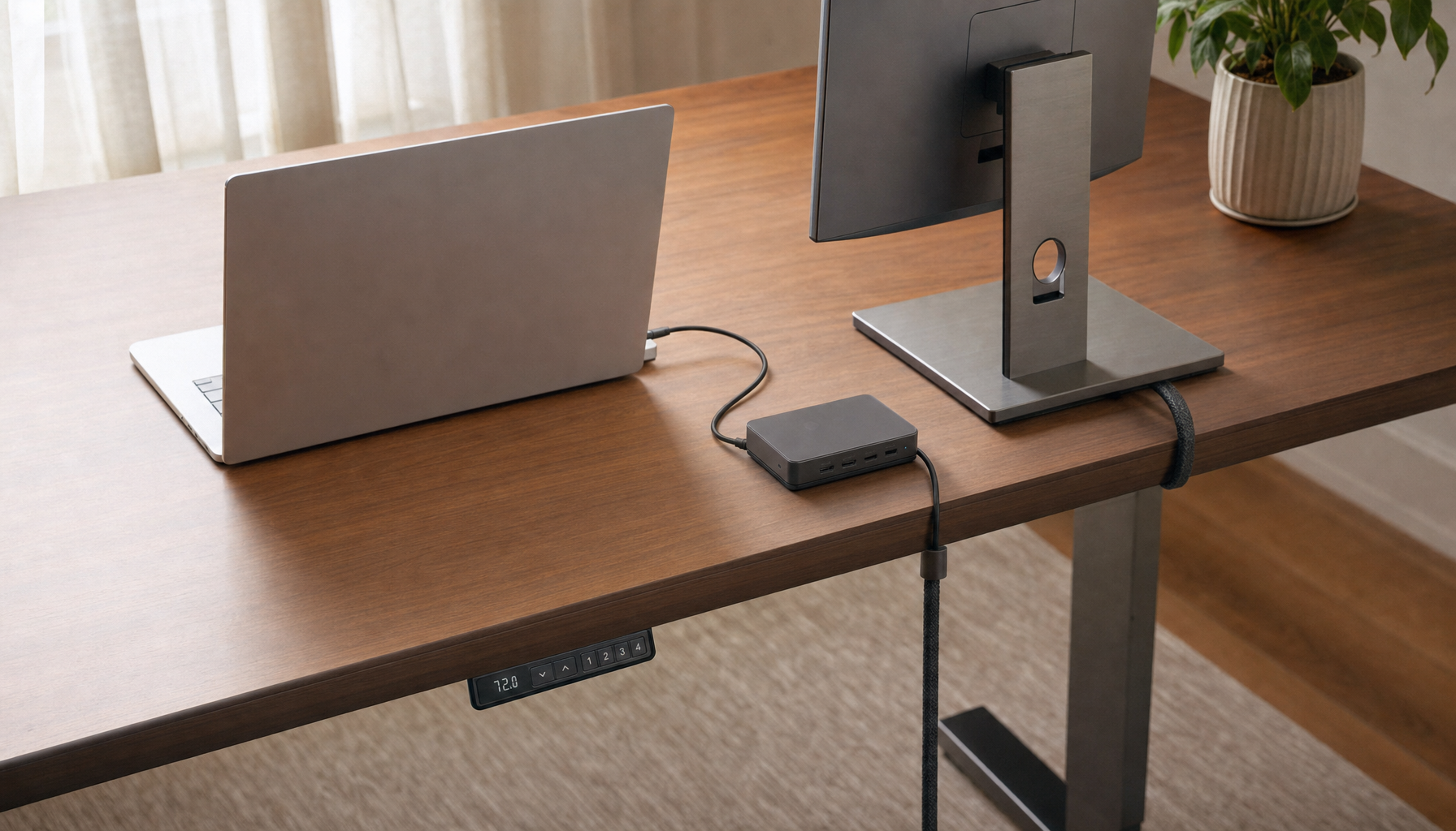 Clean desk setup with a single USB-C cable connecting a laptop to a docking hub, demonstrating single-cable docking organization