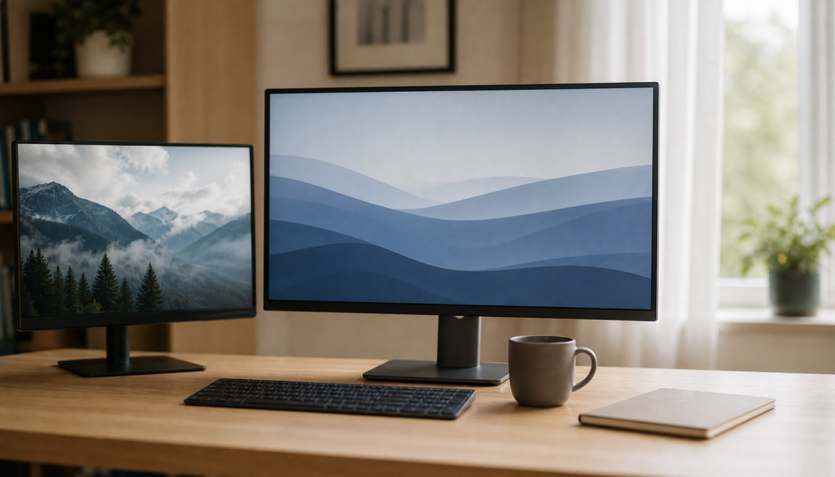 Clean dual-monitor desk setup with main display centered and secondary screen to the left, representing an organized productivity workspace